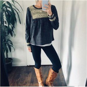 J. Crew Plaid Peasant Blouse Gold Braid Yoke Holiday Embroidered Top XS